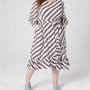 Lane Bryant Striped Puffy Sleeve Faux Wrap Midi Dress
